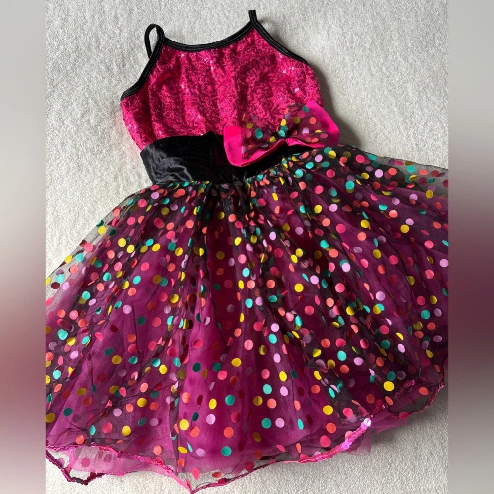 A Curtain Call Pink Polka Dot Party Dance Costume Dress with Sequin Bow, Child M